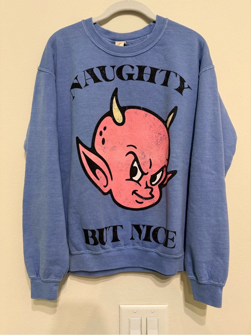 Urban Outfitters Blue Crewneck with Pink Devil Graphic